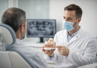 Dentista explicando una rehabilitación completa sobre implantes a un paciente con un modelo dental