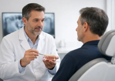 Dentista explicando un tratamiento de implantes de carga inmediata a un paciente en consulta dental